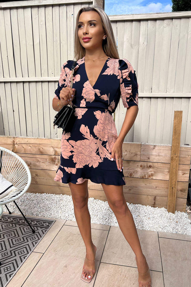 Navy And Blush Floral Pleated Sleeve Skater Dress - Swimclubus