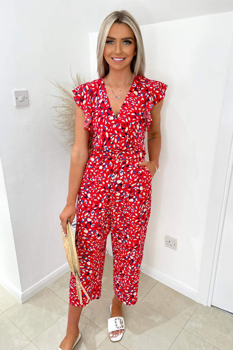 Red Printed Frill Sleeve Wrap Jumpsuit - Swimclubus
