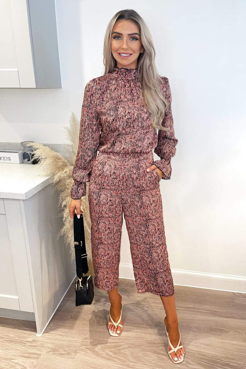 Red Printed Long Sleeve Culotte Jumpsuit - Swimclubus