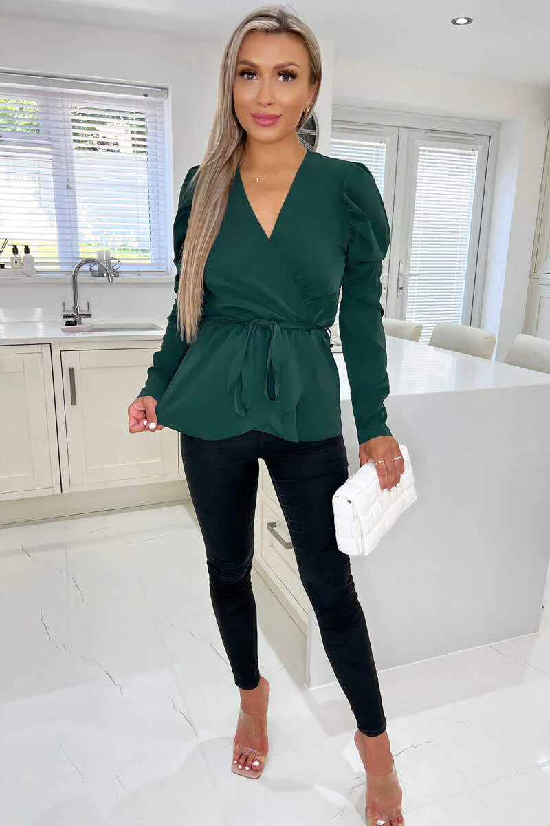 Teal Belted Wrap Long Sleeve Top - Swimclubus