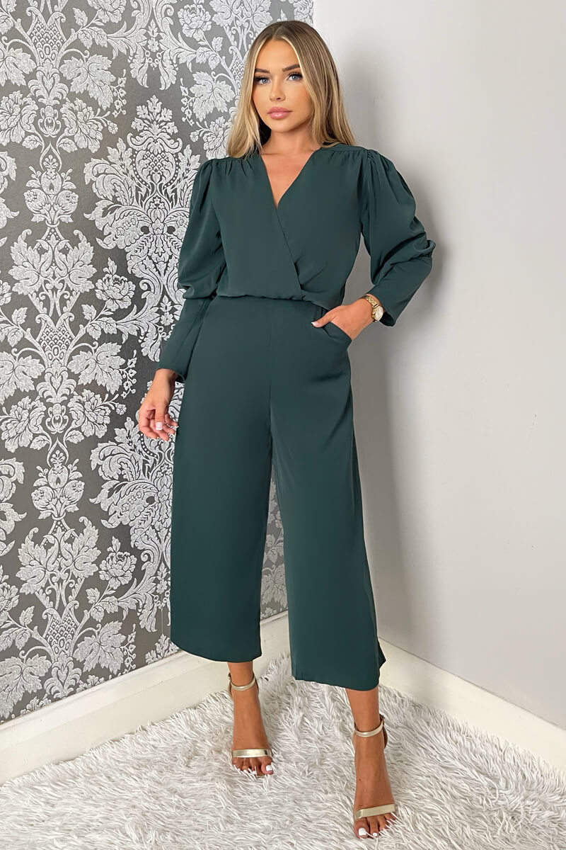 Teal Wrap Top Long Sleeve Culotte Jumpsuit - Swimclubus