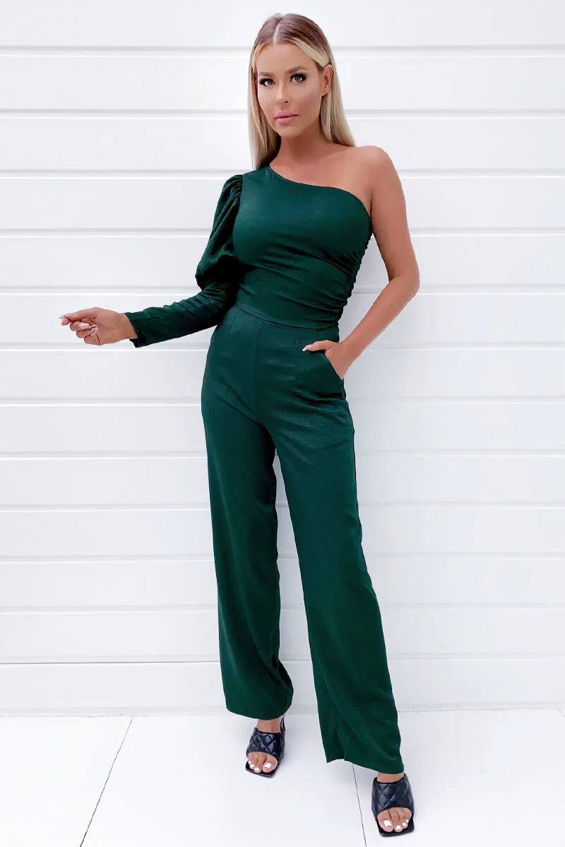 Green One Shoulder Puff Sleeve Jumpsuit - Swimclubus