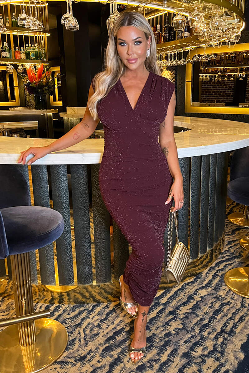 Plum Sparkle Wrap Top Ruched Skirt Midi Dress - Swimclubus