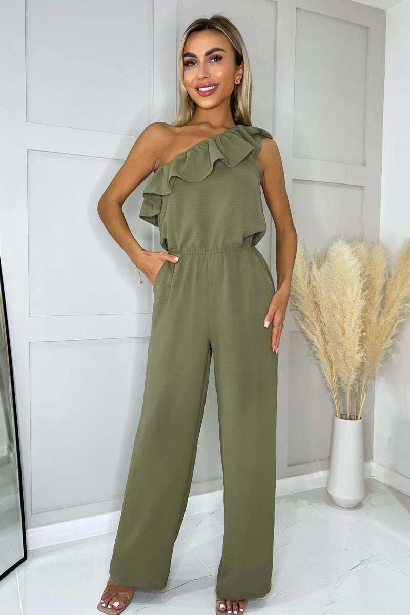 Khaki Frill One Shoulder Jumpsuit - Swimclubus