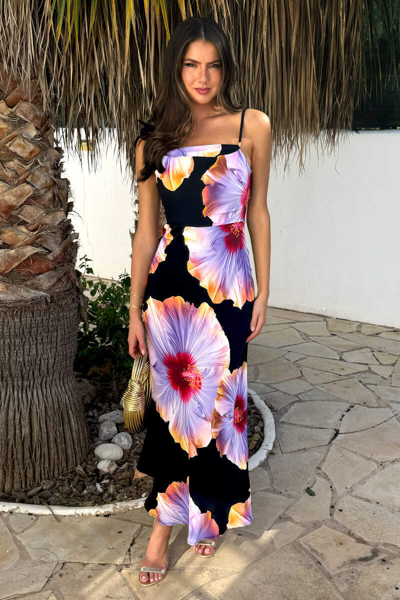 Black And Lilac Floral Print Strappy Slip Midi Dress - Swimclubus