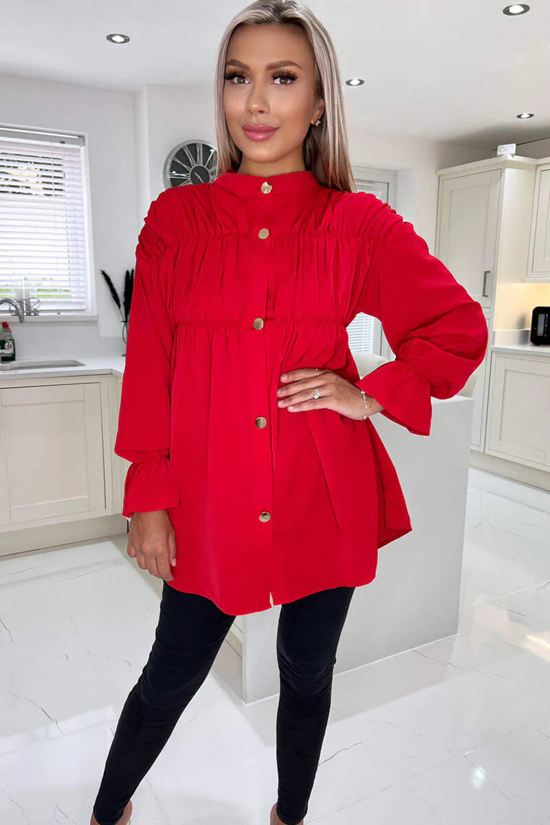 Red Long Sleeve Gathered Detail Button Up Top - Swimclubus