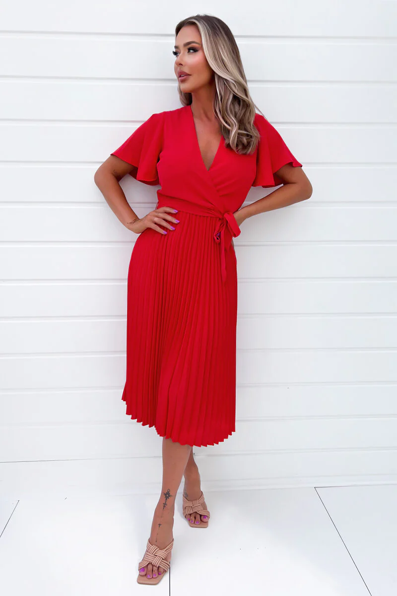Red Belted Pleated Skirt Midi Dress - Swimclubus