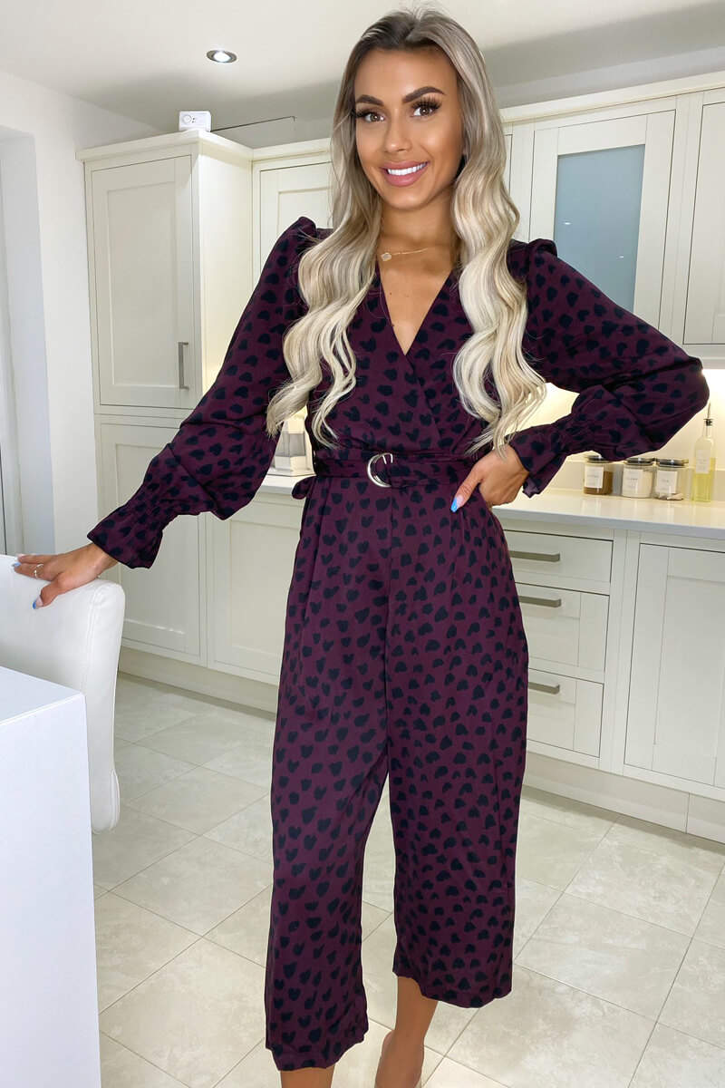 Plum Printed Long Sleeve Jumpsuit - Swimclubus