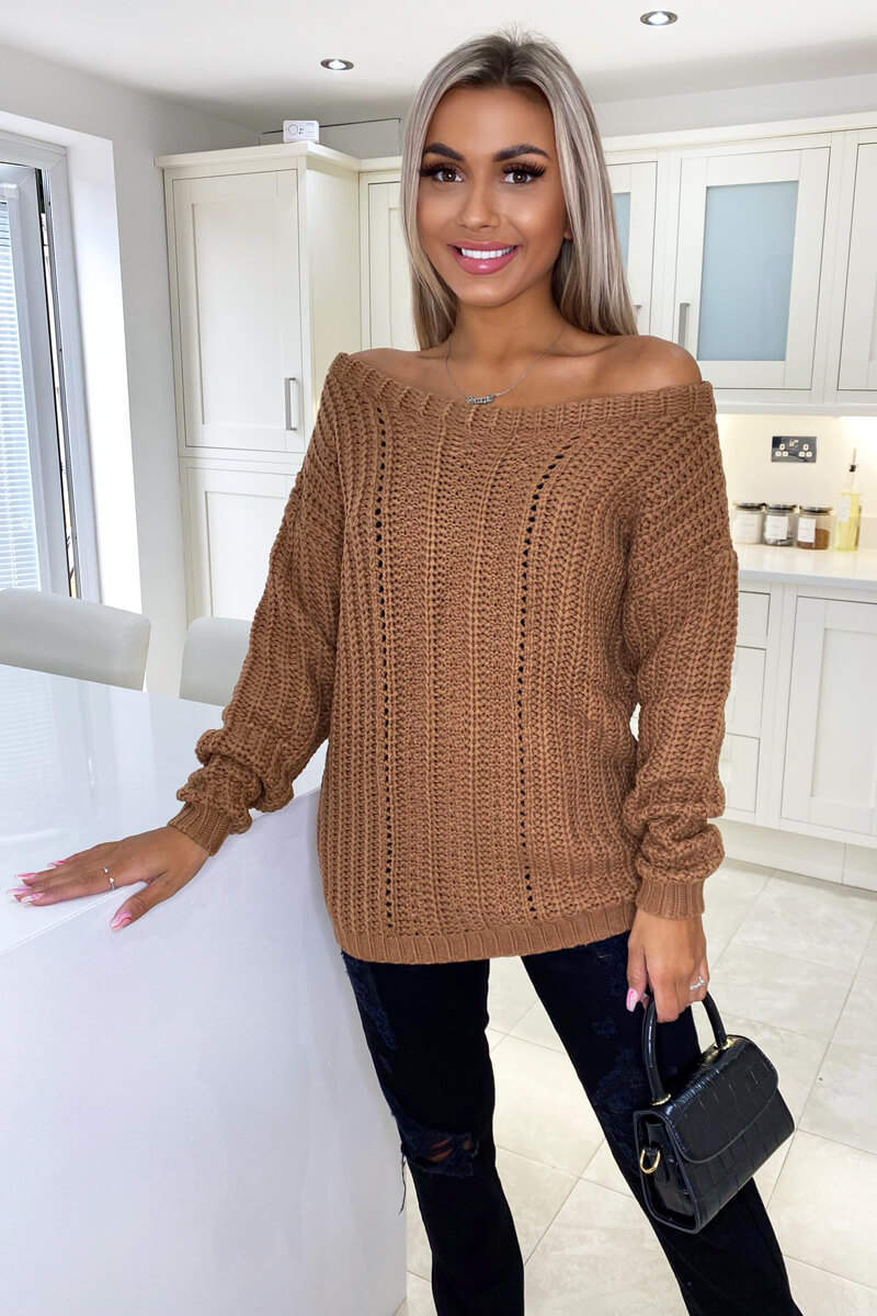 Camel Off The Shoulder Chunky Knit Jumper - Swimclubus