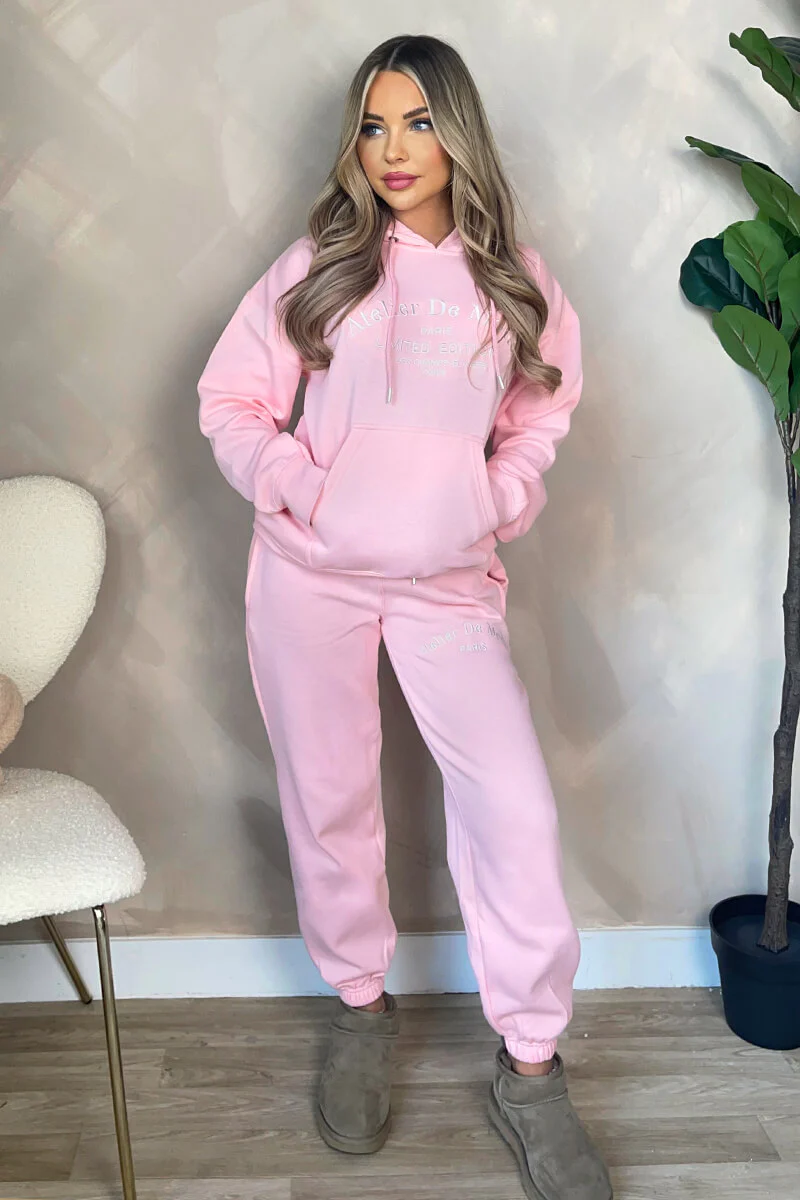 Pink Atelier Embroidered Slogan Hoodie Lounge Set - Swimclubus