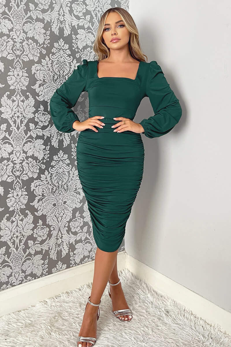 Teal Square Neck Ruched Long Sleeve Midi Dress - Swimclubus
