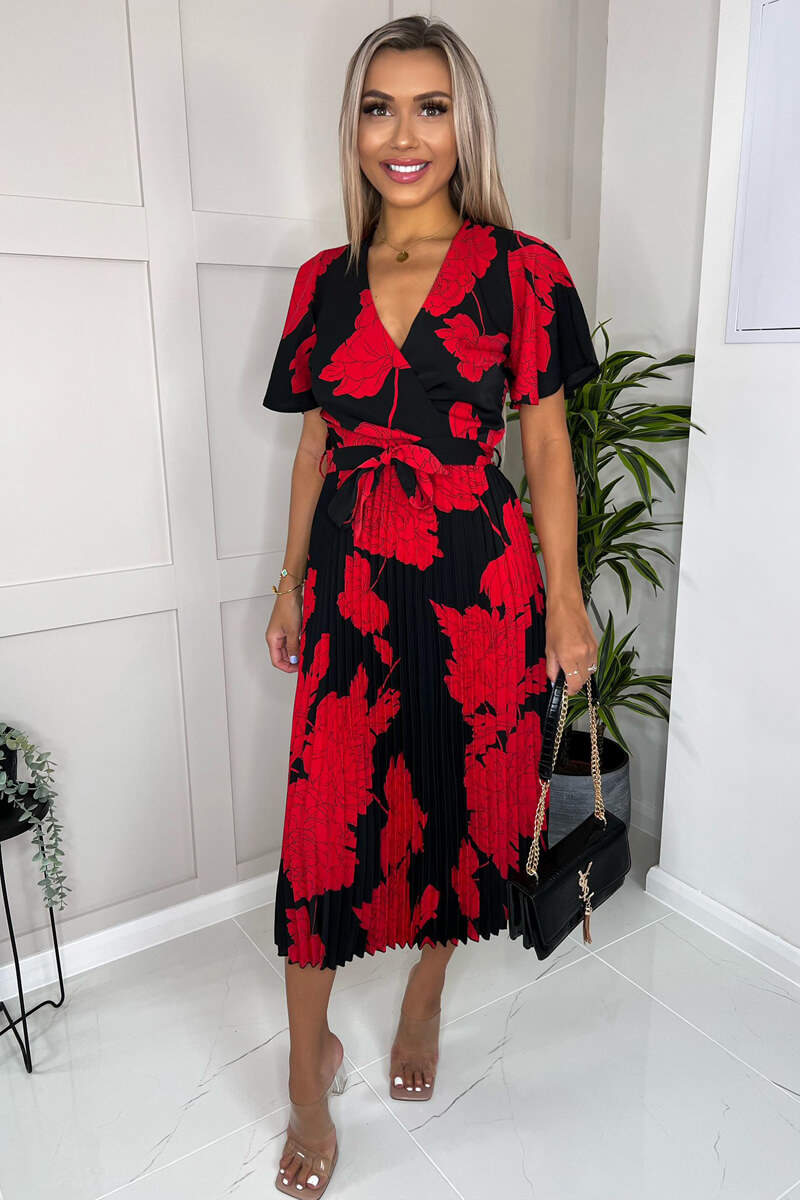 Black And Red Floral Print Pleated Midi Dress - Swimclubus