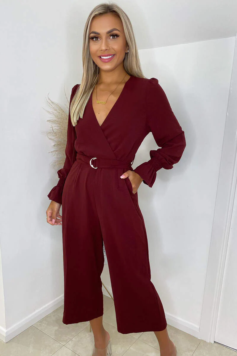 Wine Wrap Over Elasticated Cuff Belted Jumpsuit - Swimclubus