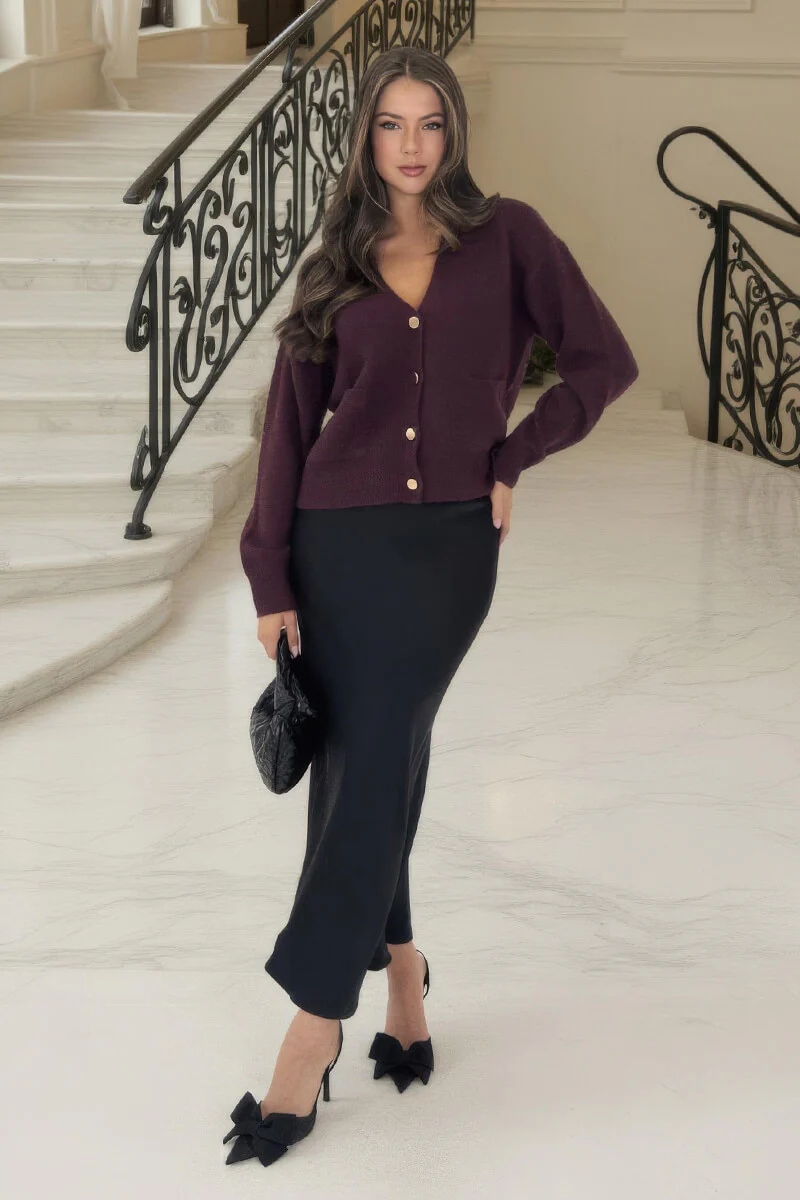 Burgundy Pocket Detail Knitted Cardigan - Swimclubus