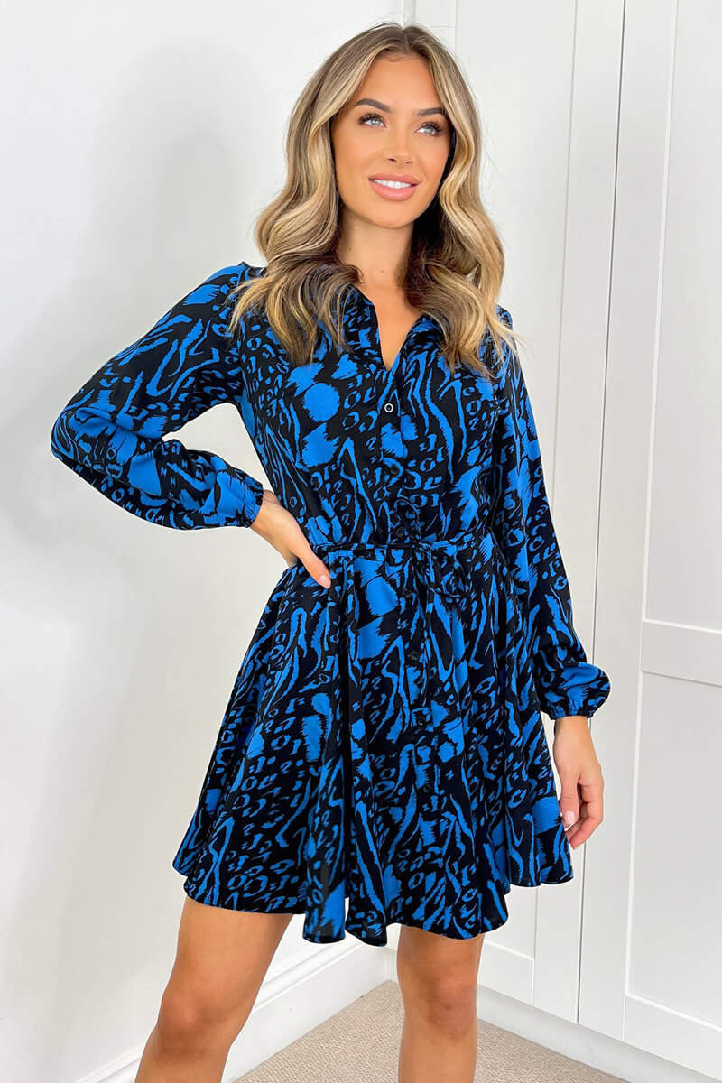 Blue and Black Printed Tie Waist Shirt Dress - Swimclubus