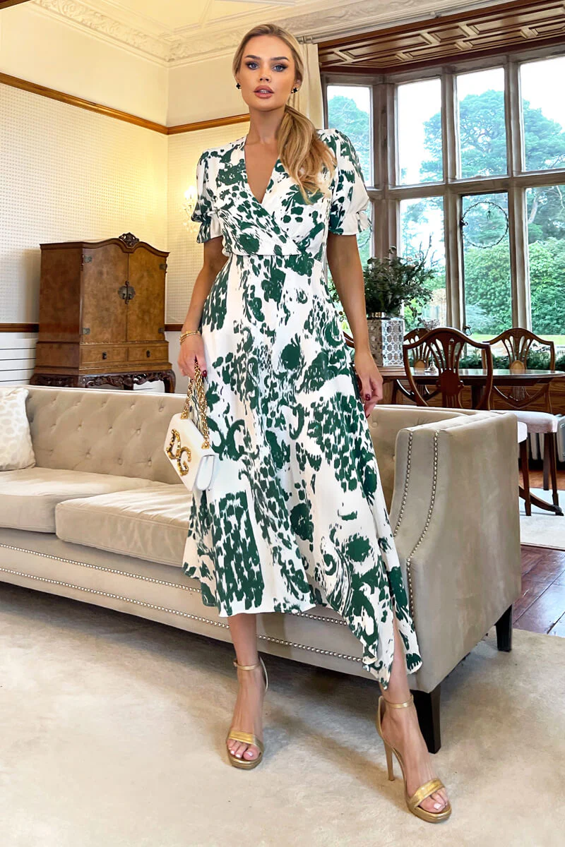 Green And Cream Printed Short Sleeve Wrap Over Midi Dress - Swimclubus