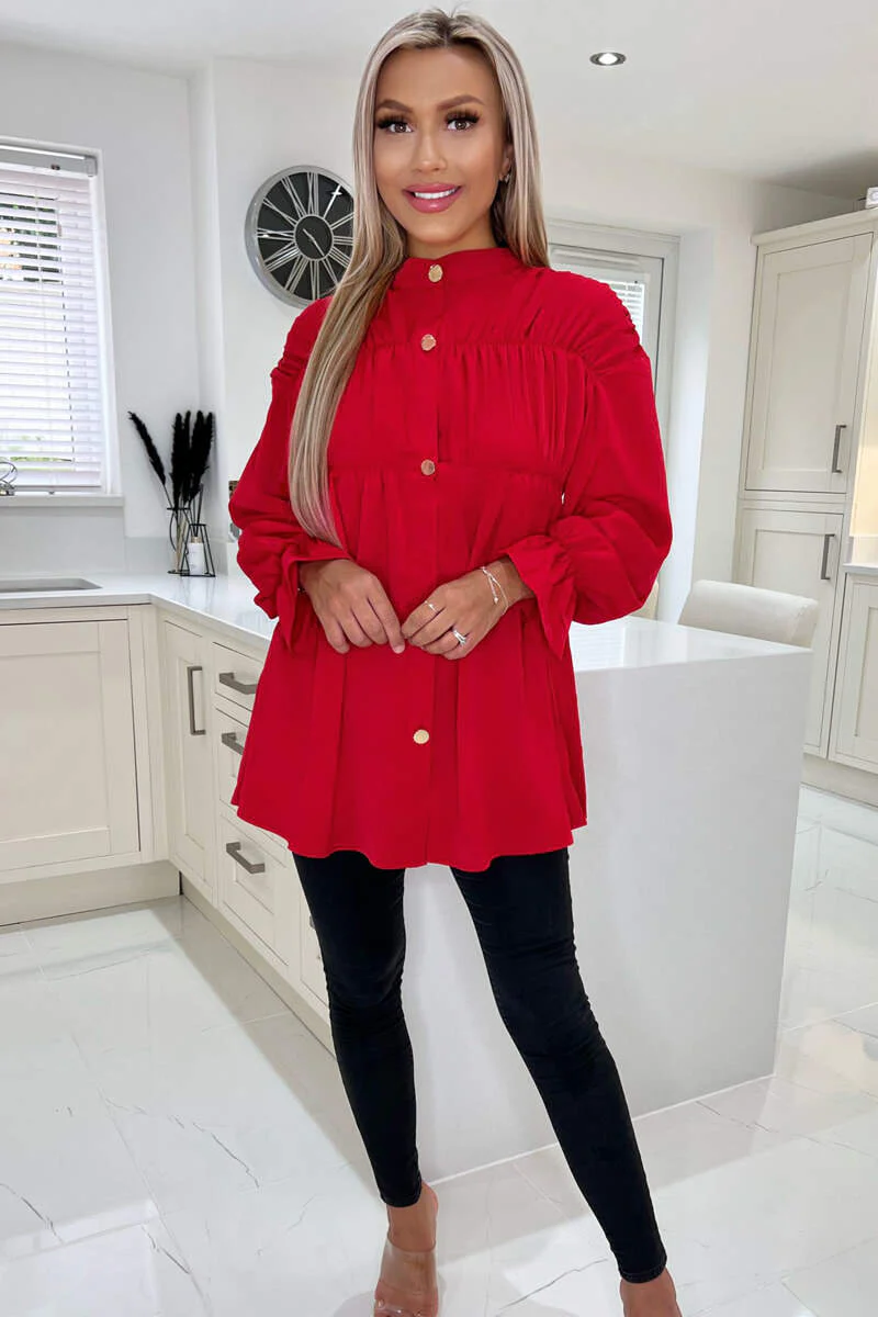 Red Long Sleeve Gathered Detail Button Up Top - Swimclubus