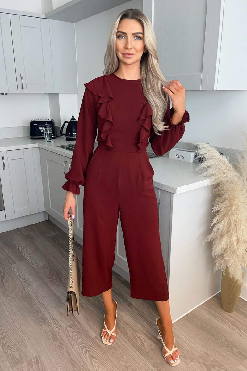 Wine Frill Front Long Sleeve Jumpsuit - Swimclubus