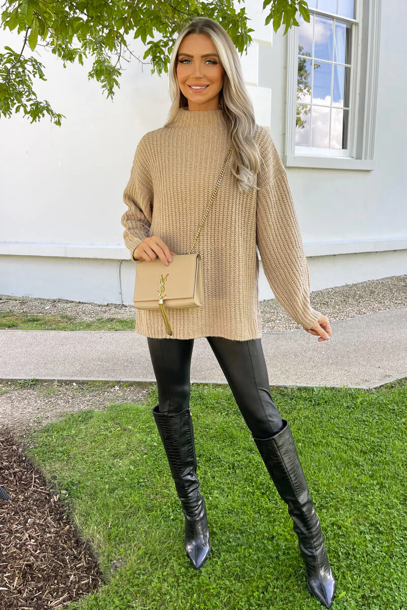 Oatmeal Mock Neck Oversized Knit Jumper - Swimclubus