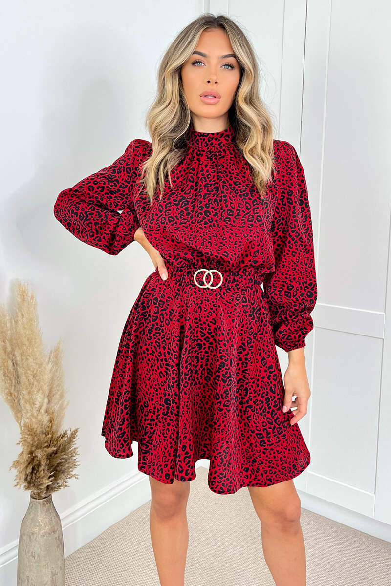 Red Leopard Print Gold Belted Skater Dress - Swimclubus