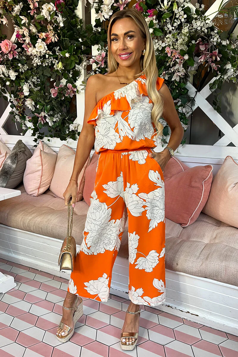 Blood Orange Floral Print One Shoulder Jumpsuit - Swimclubus