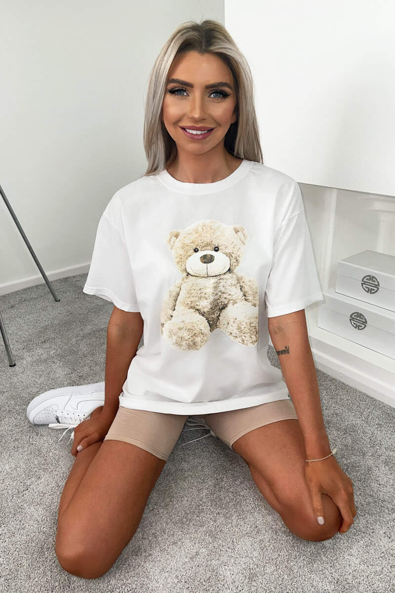 White Teddy Print Oversized Tee - Swimclubus