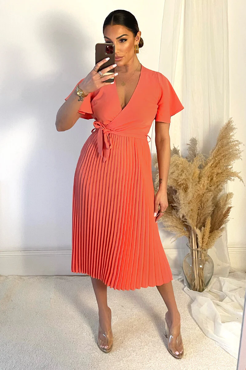 Peach Pleated Midi Dress with Tie Waist - Swimclubus