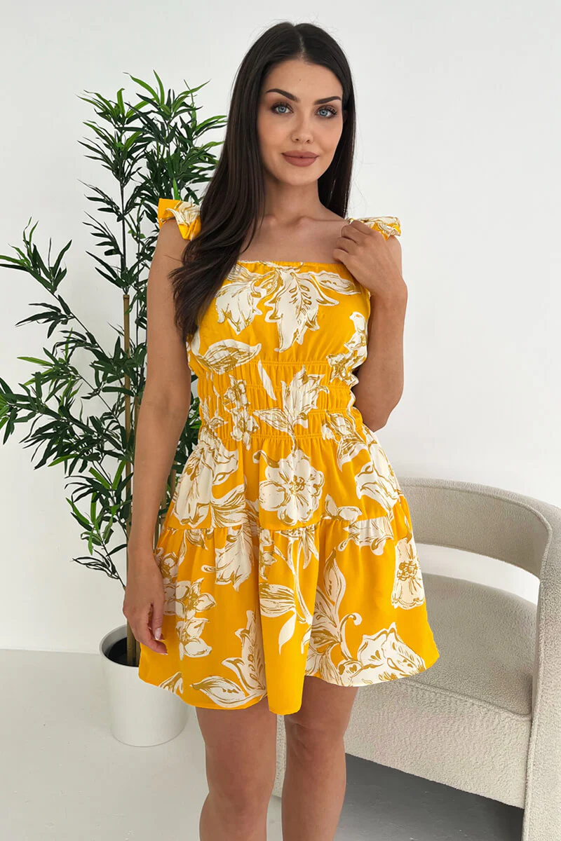 Yellow Floral Printed Frill Strap Mini Dress - Swimclubus