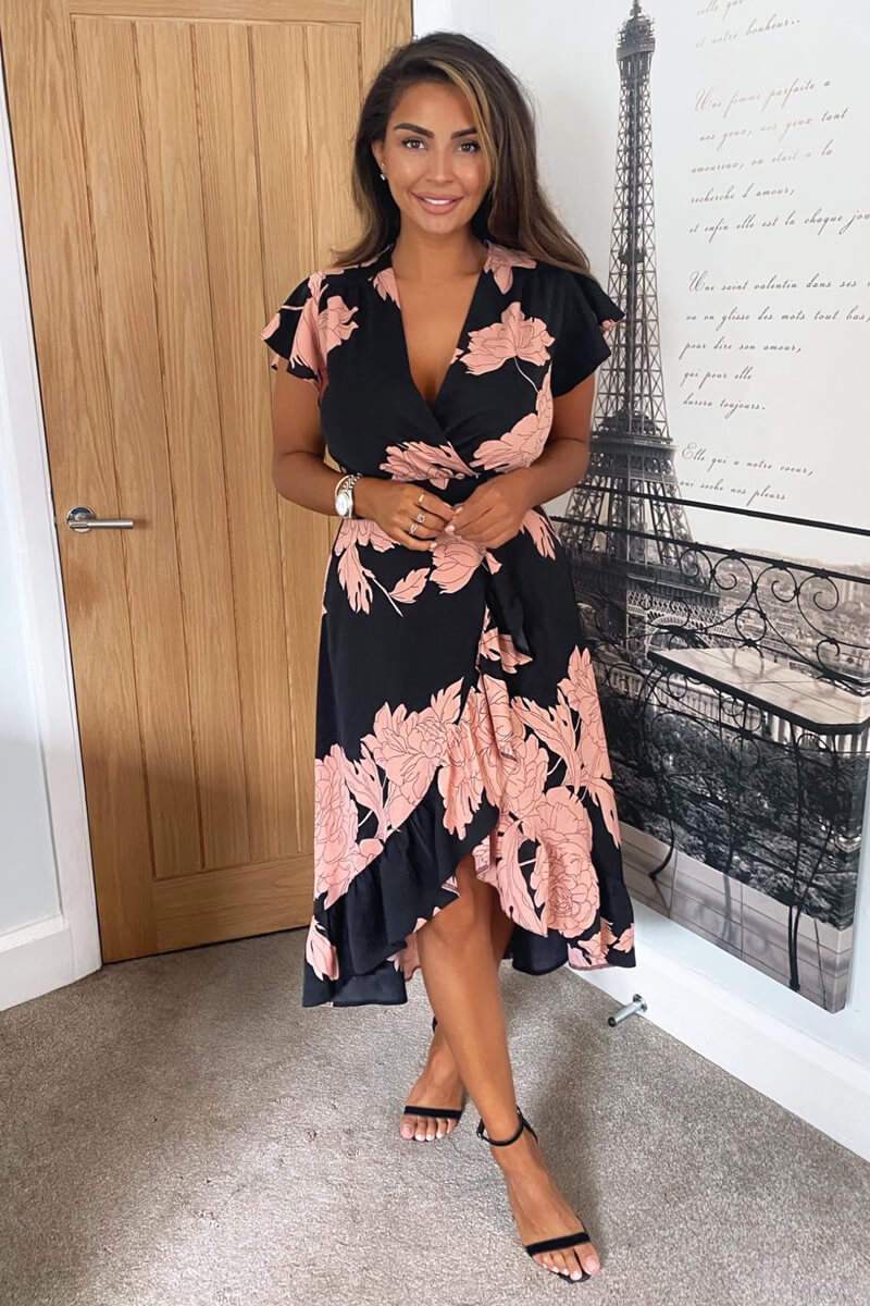 Black and Blush Floral Print Wrap Midi Dress - Swimclubus