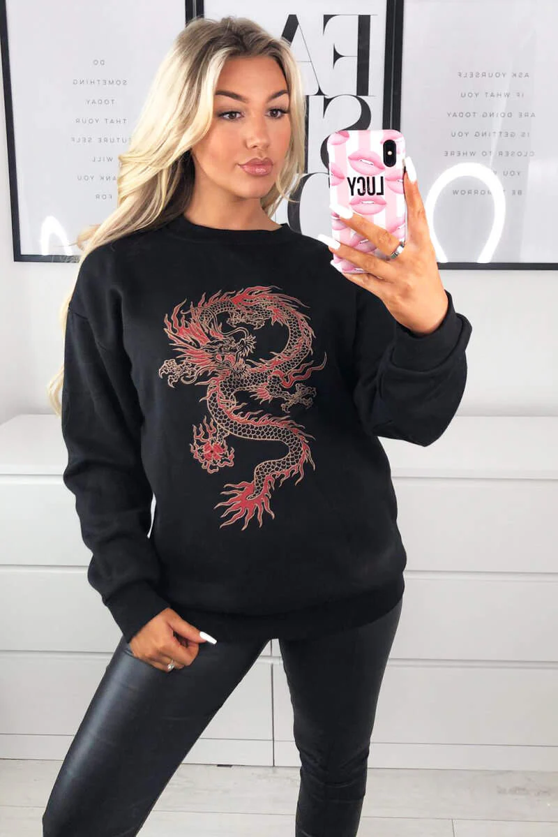 Black Dragon Printed Sweatshirt - Swimclubus