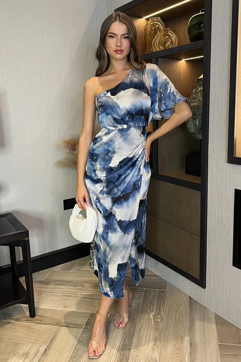 Navy Marble Print One Shoulder Wrap Skirt Midi Dress - Swimclubus