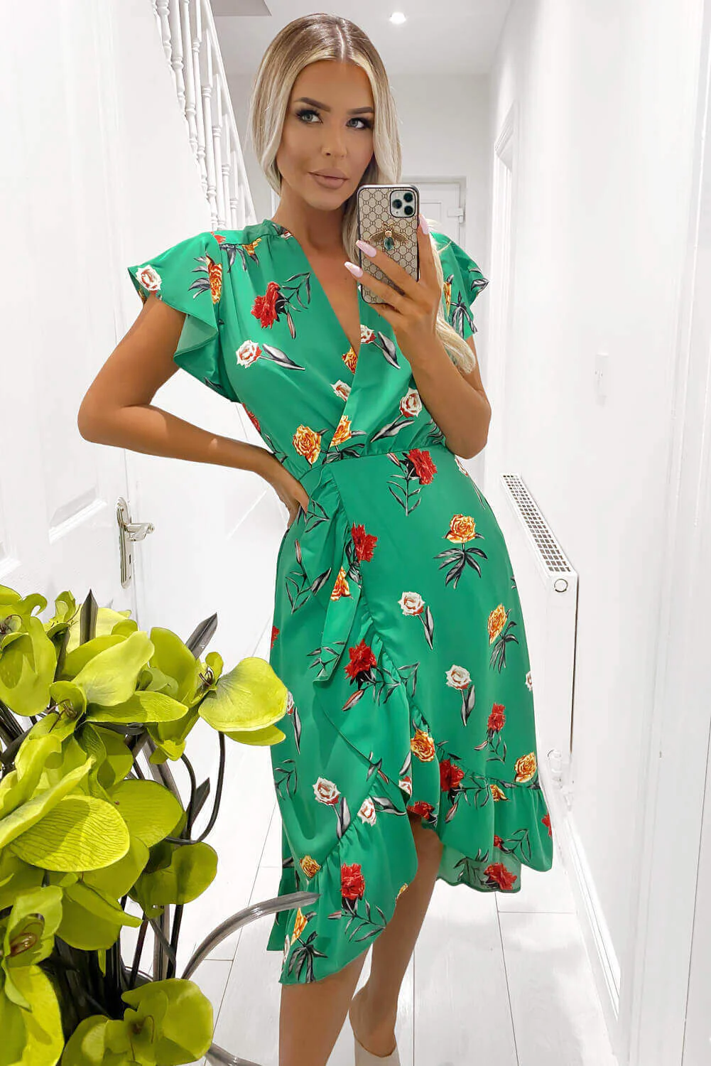 Green Floral Printed Frill Midi Dress - Swimclubus