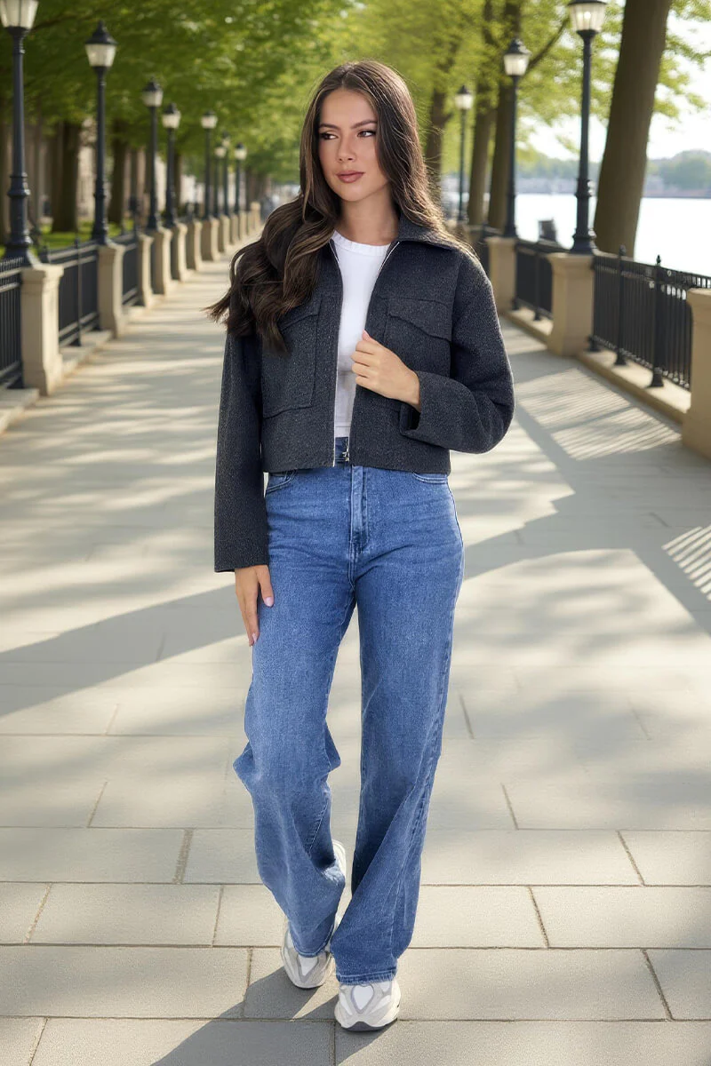 Dark Grey Marl Zip Up Pocket Detail Boxy Jacket - Swimclubus