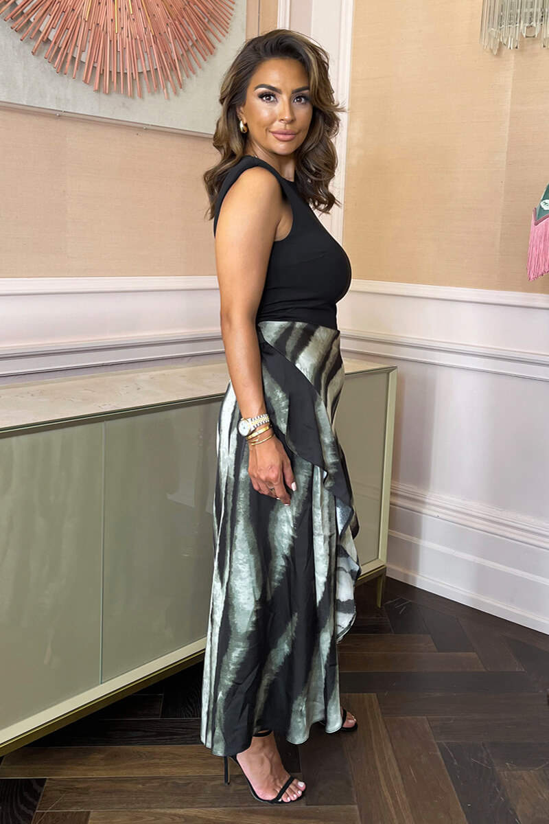 Multi Smudged Stripe Print 2 In 1 Frill Split Midi Dress - Swimclubus