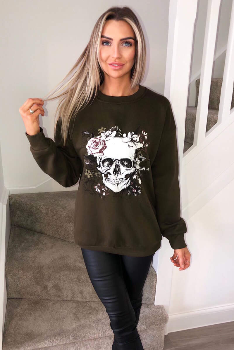 Khaki Skull Printed Sweatshirt - Swimclubus