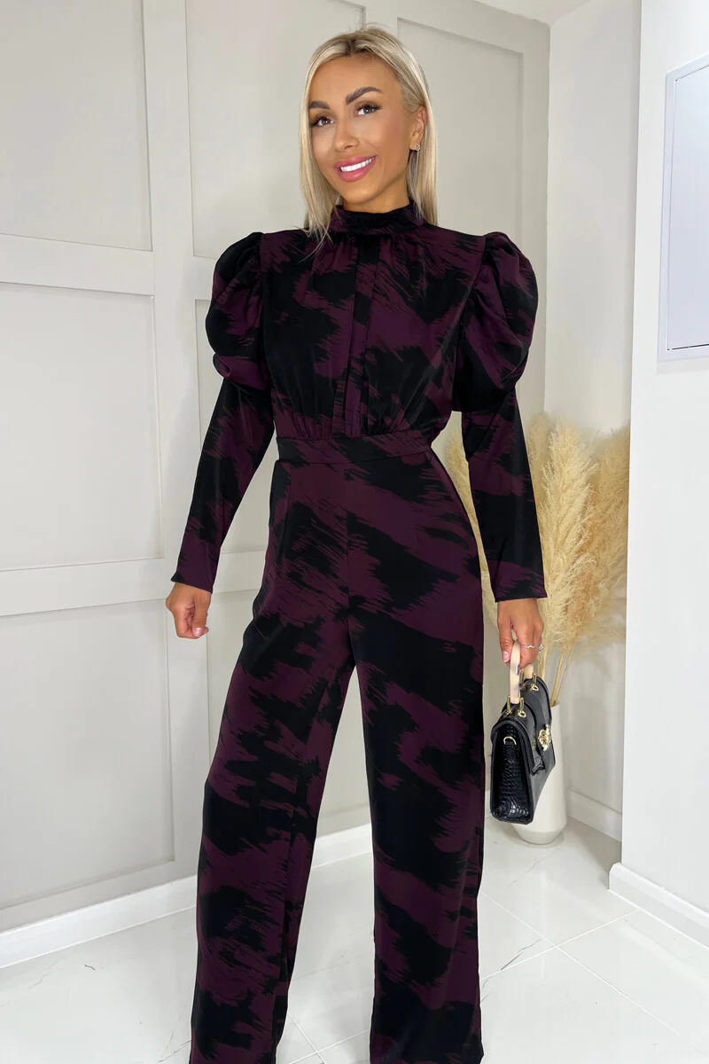 Wine Printed High Neck Puff Sleeve Jumpsuit - Swimclubus