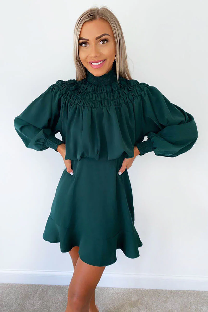 Teal Shirring Neck Skater Dress - Swimclubus