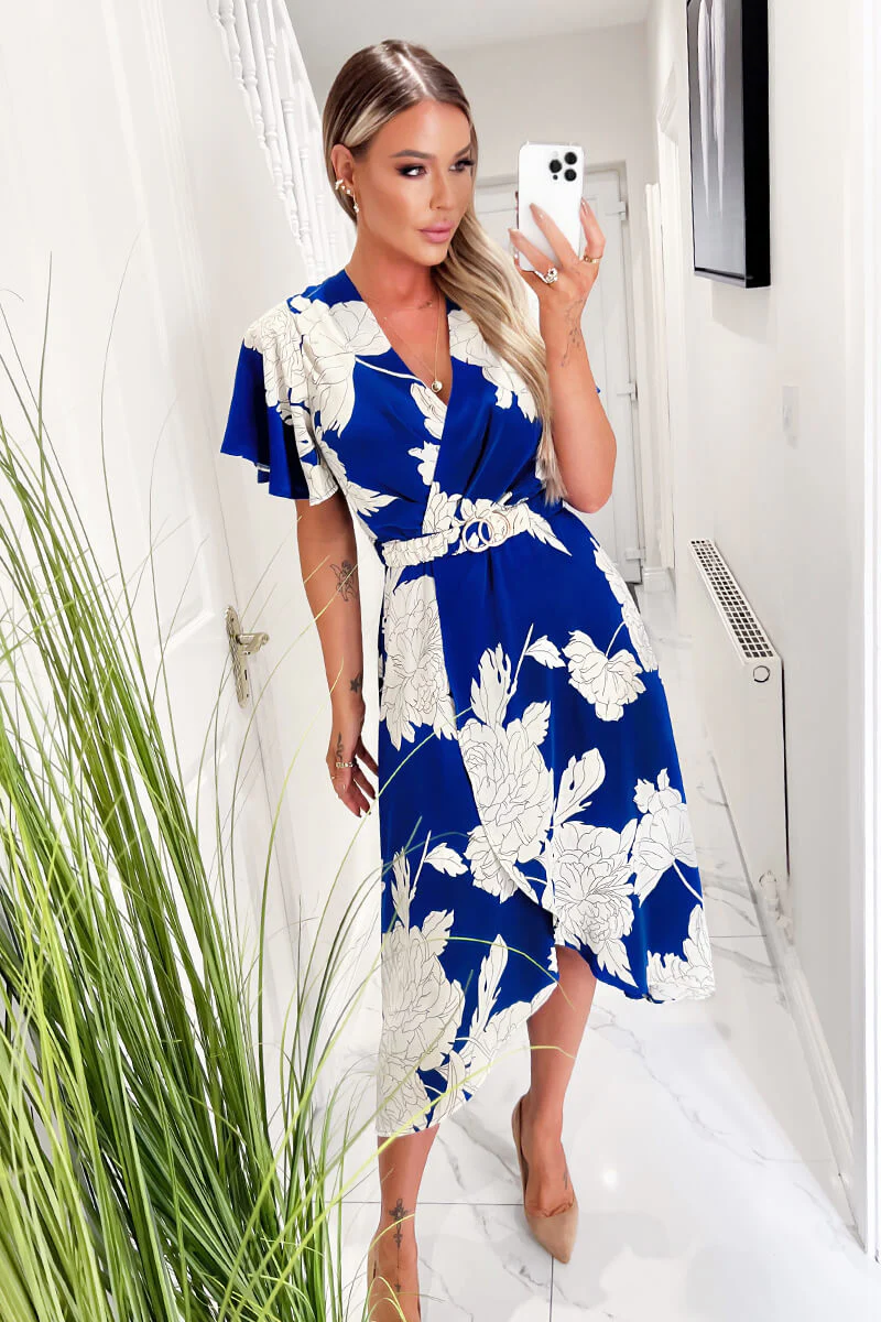 Blue And Cream Floral Printed Short Sleeve Belted Midi Dress - Swimclubus