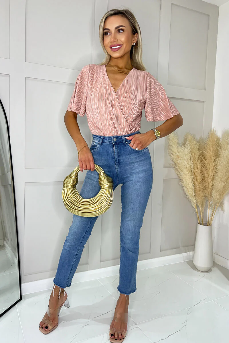 Champagne Wrap Top Butterfly Sleeve Plisse Bodysuit - Swimclubus