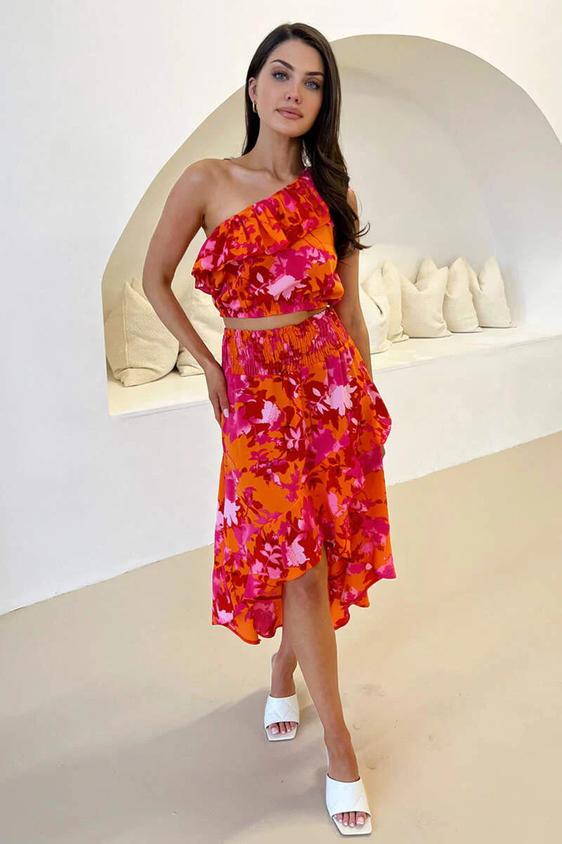 Pink And Orange Floral One Shoulder Frill Detail Top - Swimclubus