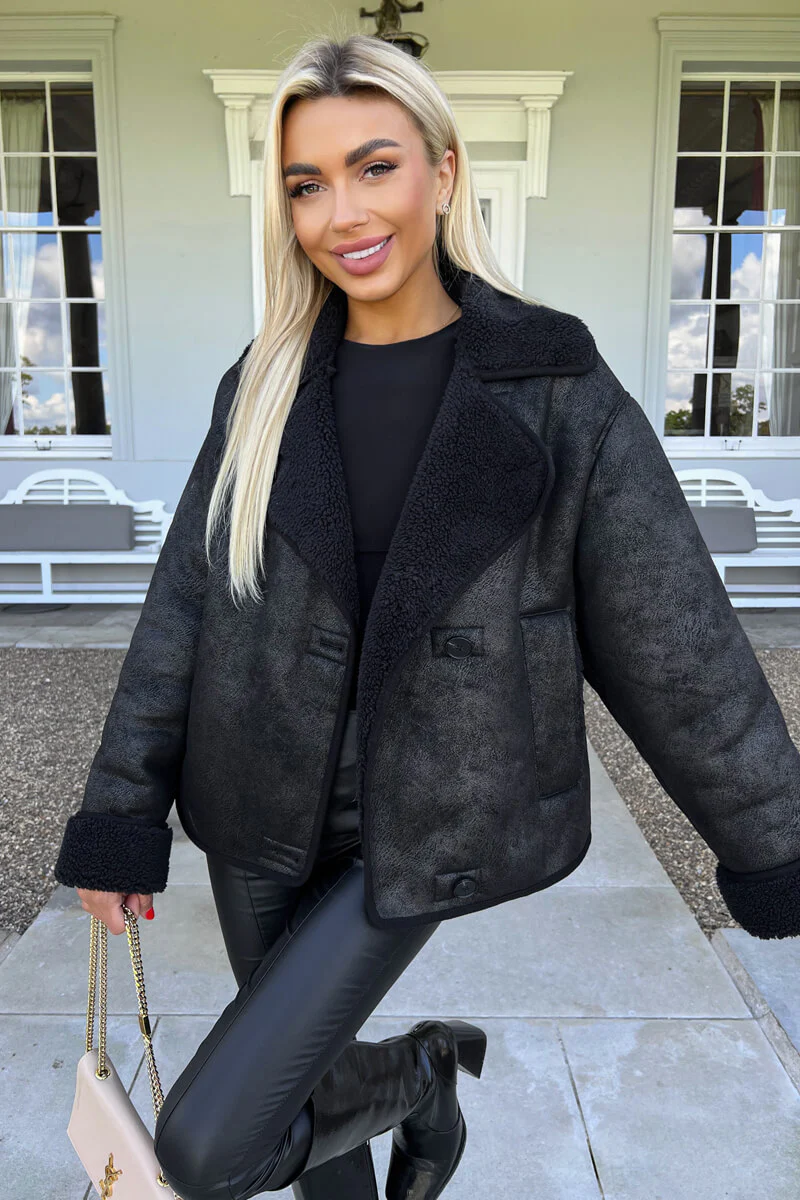 Black Faux Shearling Coat - Swimclubus
