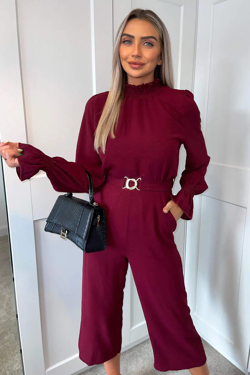 Wine High Neck Long Sleeve Belted Jumpsuit - Swimclubus