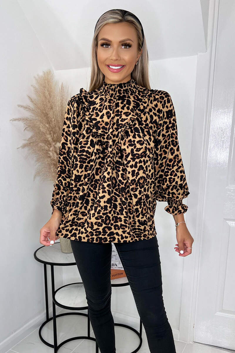 Brown Animal Print Ruffle Front Long Sleeve Top - Swimclubus