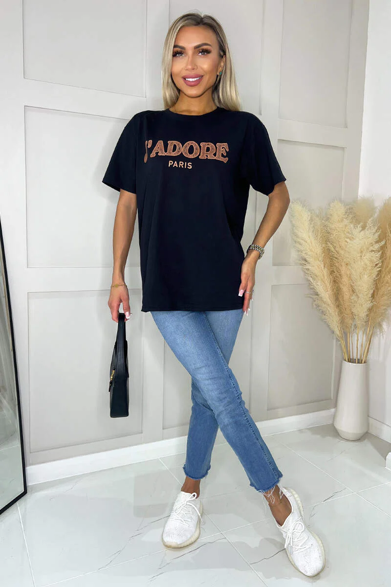 Black J'Adore Rose Gold Slogan T-Shirt - Swimclubus