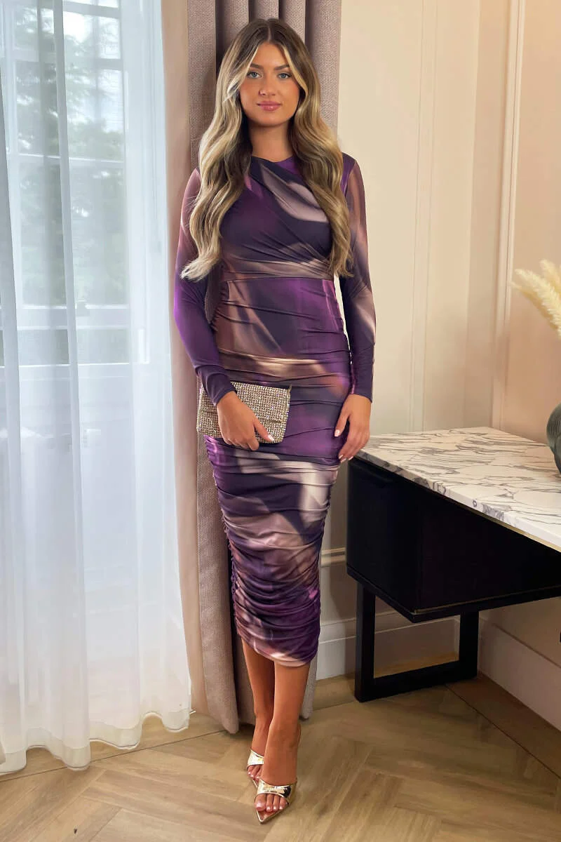 Plum Printed Long Sleeve Ruched Bodycon Midi Dress - Swimclubus