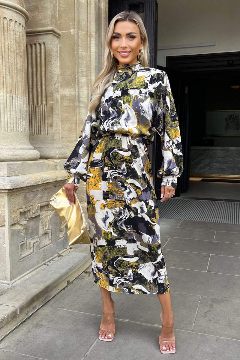 Multi Printed High Neck Balloon Sleeve Midi Dress - Swimclubus