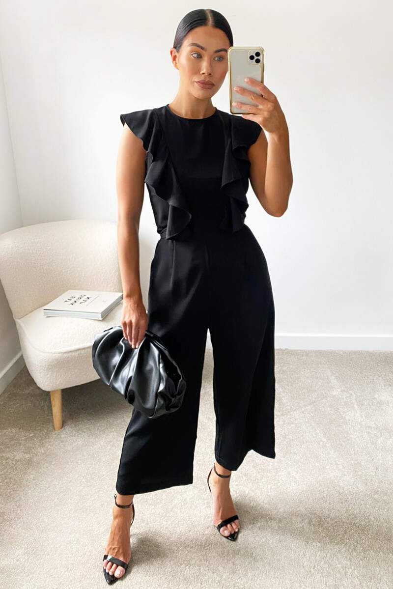 Black Frill Tie Culotte Jumpsuit - Swimclubus