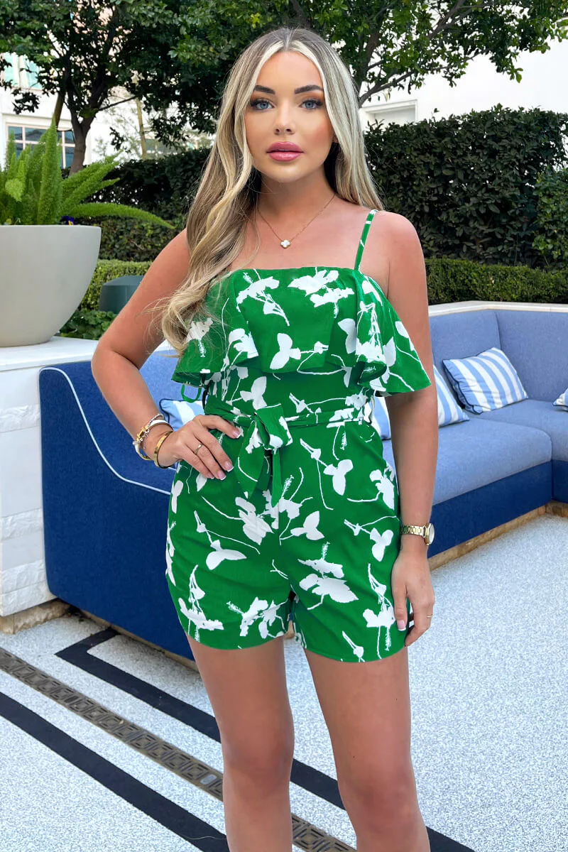 Green And White Floral Printed Frill Top Belted Playsuit - Swimclubus