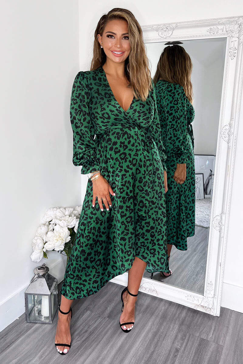 Green And Black Animal Printed Wrap Over Midi Dress - Swimclubus