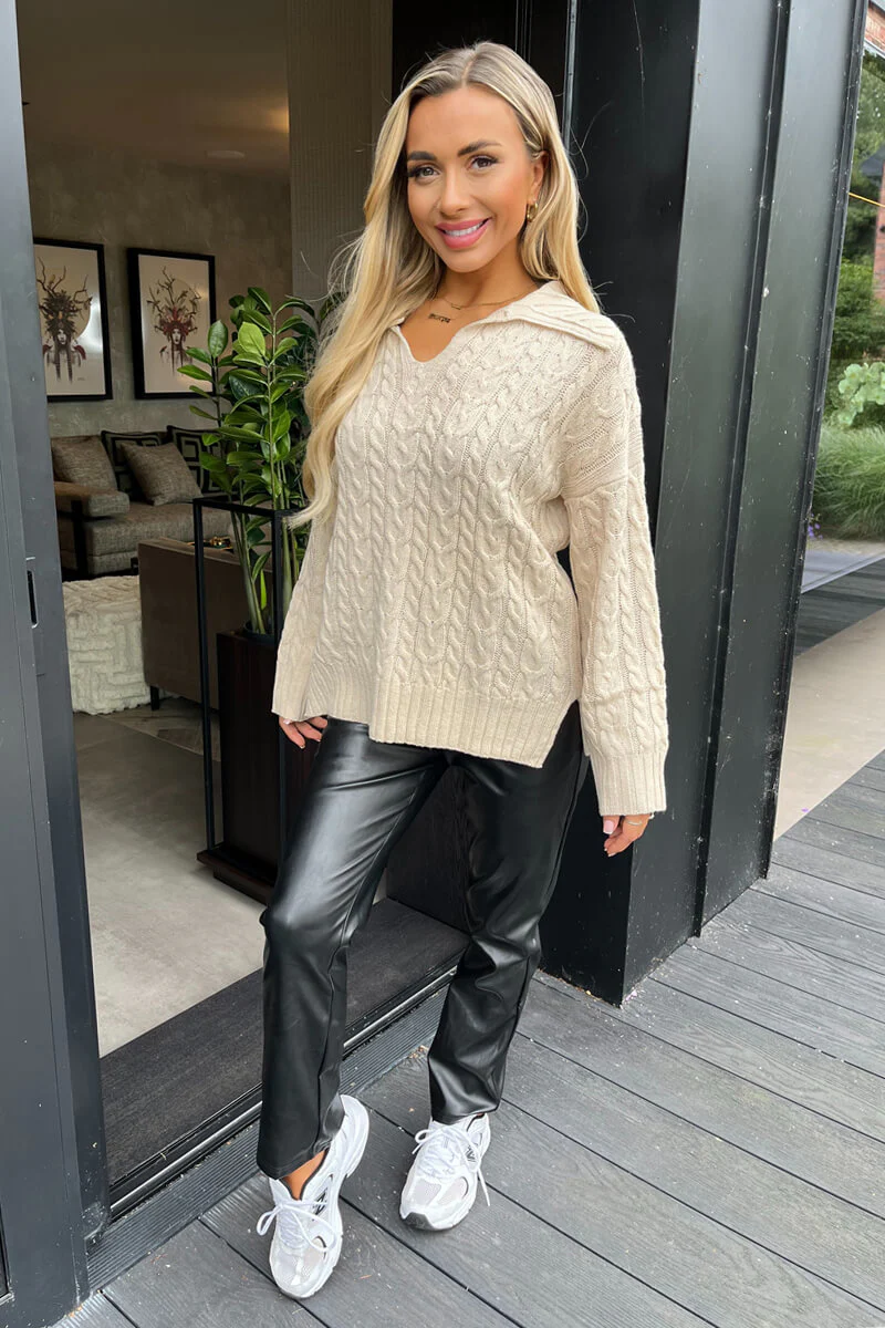 Stone V- Neck Collared Cable Knit Jumper - Swimclubus